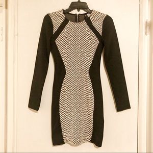B&W/Light Cream Long Sleeve Bodycon Dress